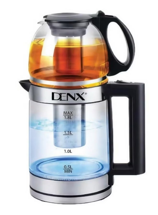 2-in-1 Glass Kettle And Turkish Tea Maker, 1.8-Liter Capacity + 1-Liter Glass Teapot, 1500 Watts From Denex DX2015